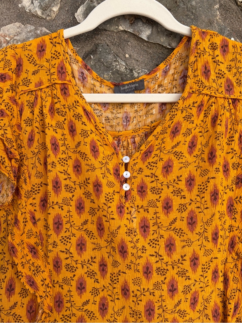 HAUTE HIPPIE Boho Botanical Print Ruffle Sleeve Sunny Top Blouse sz SMALL - Picture 2 of 4